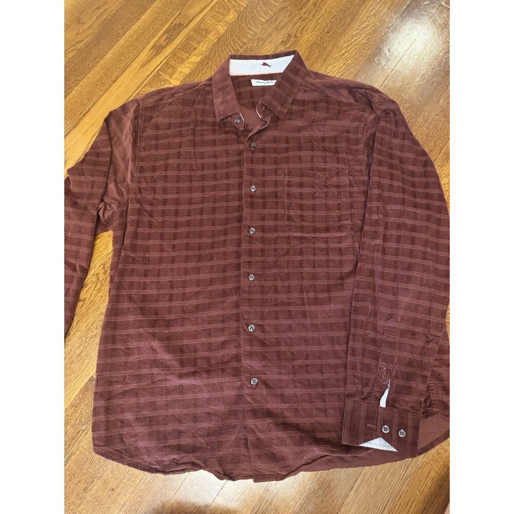 Tommy Bahama Mens L Maroon Plaid Corduroy Cotton Long Sleeve Button-Up Shirt